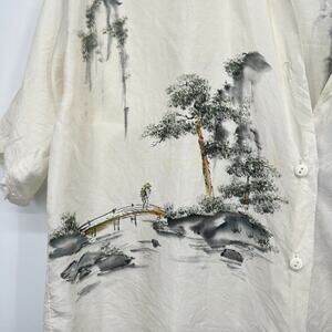 Unbranded Satin Ivory Asian Print Short Sleeve Oversized Button Up Top Small